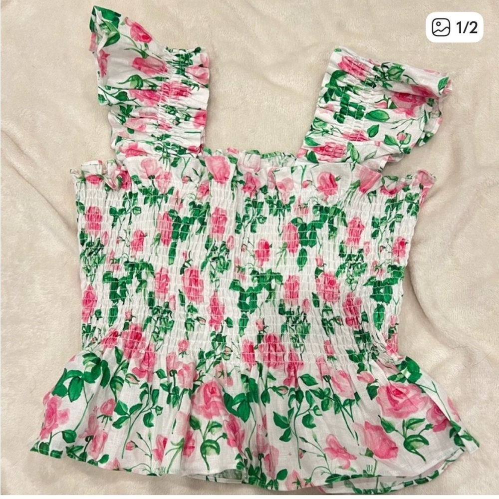 Hill House Pink and Green Paz Floral Linen Top